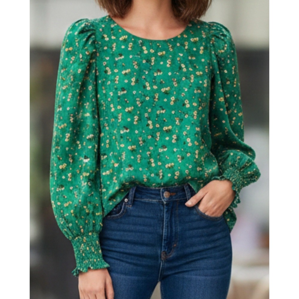 Pleione Women's Size S Green Floral Long Sleeve Blouse 100% Polyester